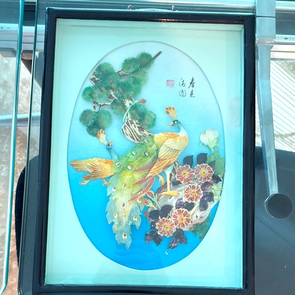Vibrant Green and Blue Bird Art Framed in black lacquer 15” x 11”.., STUNNING 😍 - Picture 1 of 4